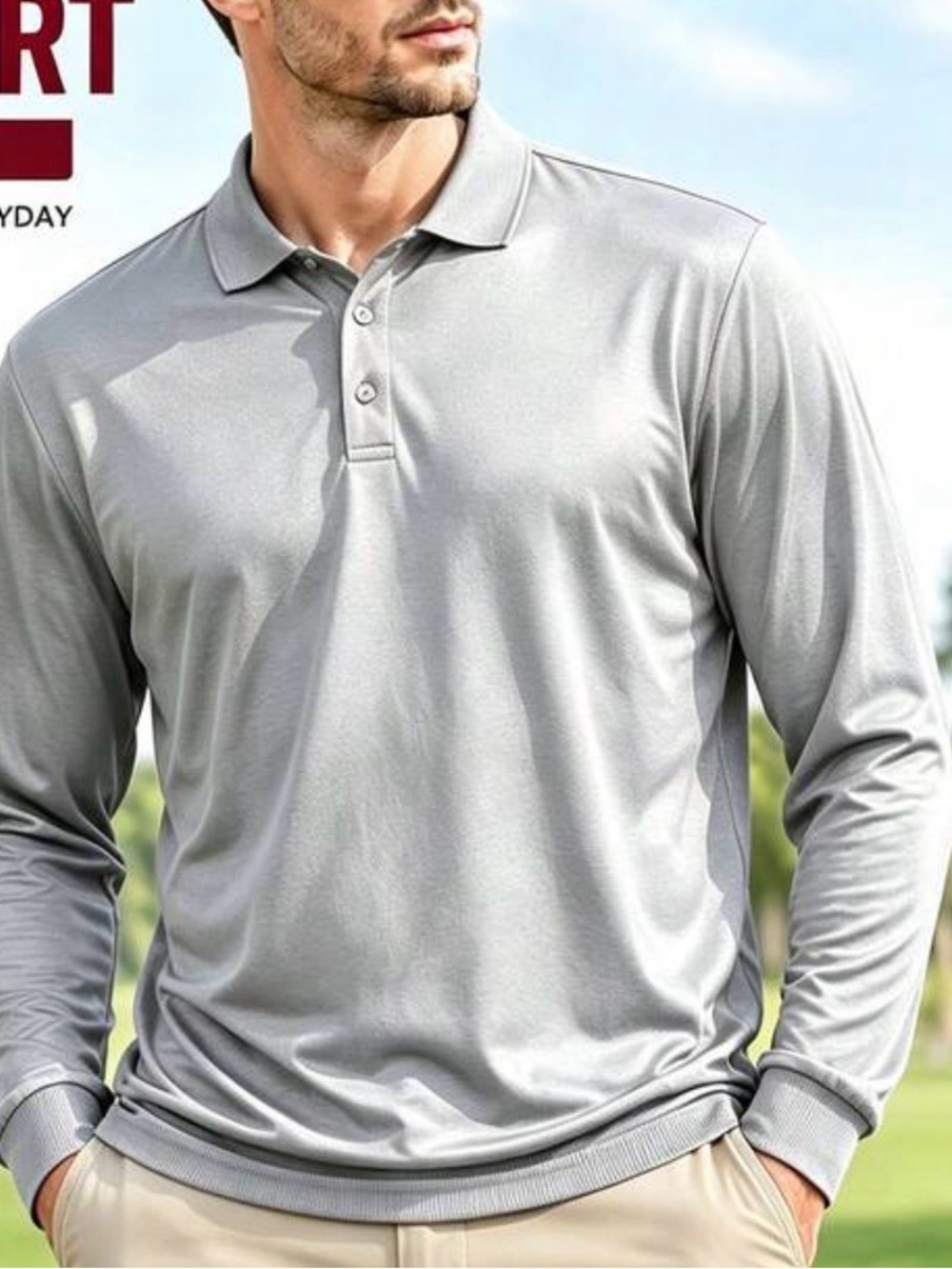 Men's Long Sleeve Polo Shirt - Light Gray